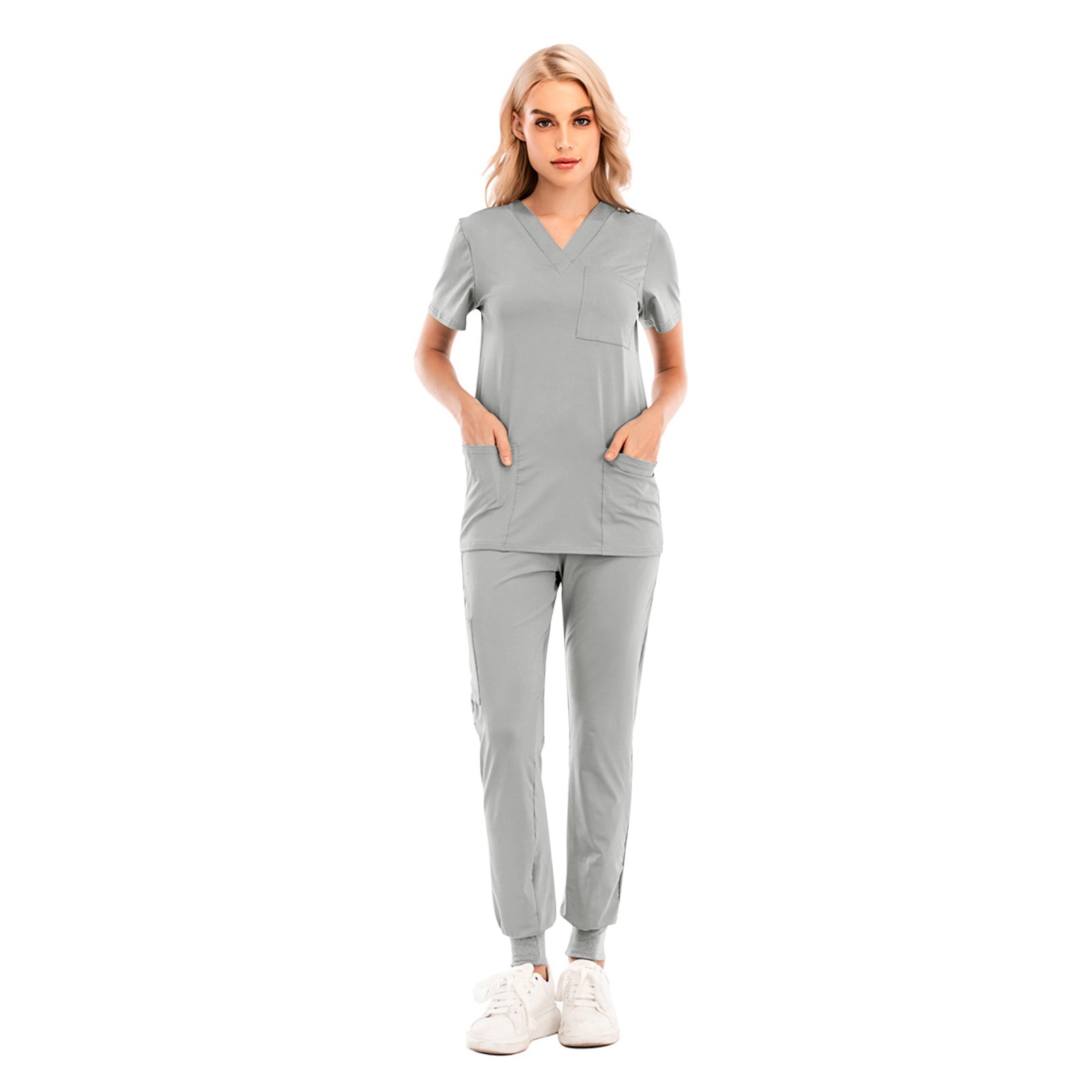 thumbnail image 3 of Conjunto de uniforme de enfermería de 2 piezas para mujer: top de manga corta con cuello en V + pantalones, poliéster, con bolsillo, verde/morado/blanco, tallas S-XXL, tallas asiáticas, 3 of 8